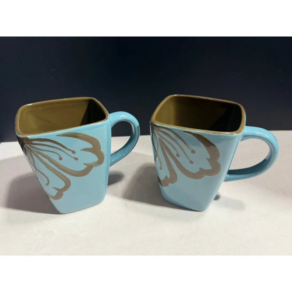 Pier 1 Hibiscus Square Stoneware Mugs Set of 2 Turquoise Blue Brown Floral